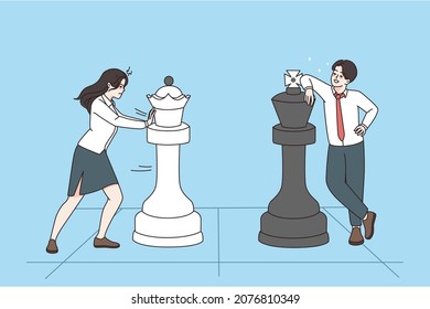 Business strategy and competition concept. Business people woman and man standing and playing chess with chess figures during rivalry vector illustration 