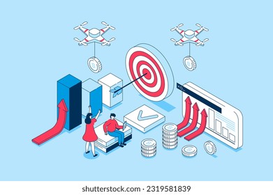 Concepto de estrategia de negocio en diseño isométrico 3d. Gente analizando datos, planificando tareas de trabajo, estableciendo y alcanzando objetivos, desarrollando empresa. Ilustración vectorial con escena isométrica para gráfico web