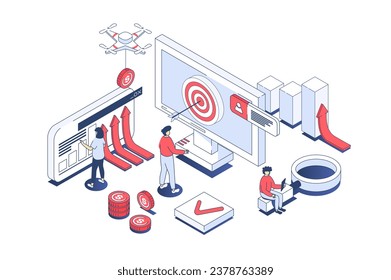 Business strategy concept in 3d isometric design. Employees analyzing data graphs, achieving goals, targeting and developing company. Vector illustration with isometry people scene for web graphic