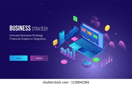 Business Strategy concept based landing page design with isometric illustration of laptop, financial graphs, smartphone and infographic elements.