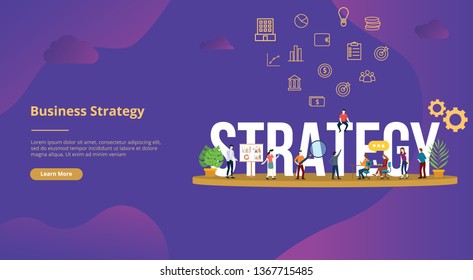 business strategy concept big text with people for website template banner design with modern purple color - vector illustration