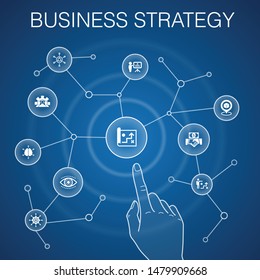 Business strategy concept, blue background.planning, business model, vision, development icons