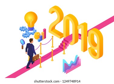 Business Strategy Concept. Businessman with briefcase in hand walking on red carpet to the 2019 New Year. 2019 new year resolution and target business planning. Creative Idea. Vector Illustration.