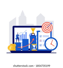 Business strategy concept with character. Businessman reaching economy goals and climbing corporate ladder. Advancement and progress. Modern flat illustration for landing page, hero image.
