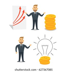 Business strategy concept .Data analysis. Graphs and charts. Office routine. Earning money illustration. Business idea illustration. Startup business illustration. Light bulb idea sign.