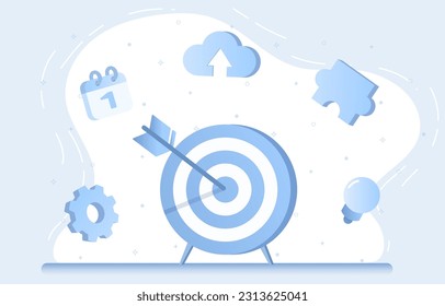 Business strategy concept. Design elements darts target in middle. Represent thinking, planning, analysis, creativity, solving problem to achieve success. Flat vector illustration.