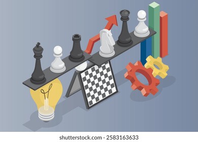 Business strategy concept. Different chess pieces, idea, balance, intellectual game. 3d flat isometric vector illustration.