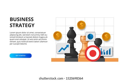 business strategy concept. finance goal planning tactical for success. illustration of chess pawn on the chessboard with golden money, graph. web banner illustration