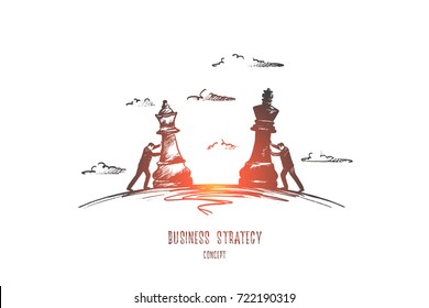 Business strategy concept. Hand drawn chess game as symbol of business. Businessmen moving chess figures isolated vector illustration.