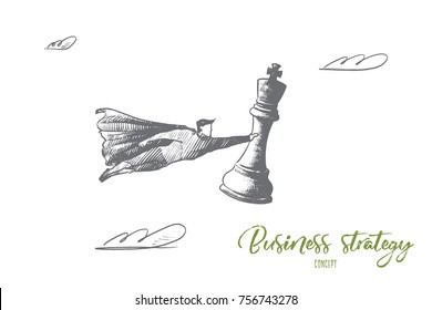 Business strategy concept. Hand drawn superhero with chess figure in hand. Flying man holds chess figure king as symbol of win isolated vector illustration.