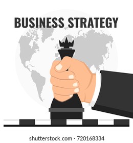 Business strategy concept. Hand holding chess figure. World map on background. Vector illustration.