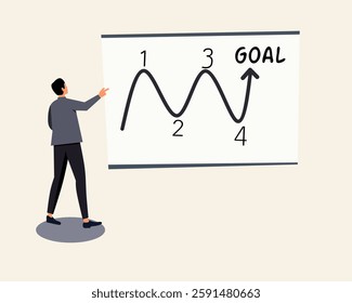 business strategy concept illustration of a man presenting a goal achievement diagram on a whiteboard. Ideal for success planning, motivation, leadership, and teamwork