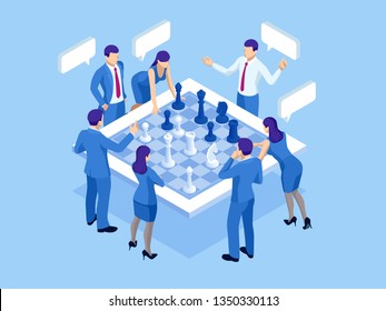 Business strategy concept. Isometric businessmen and women playing chess game reaching to plan strategy for success. Achieving goals business strategy for win, management or leadership.
