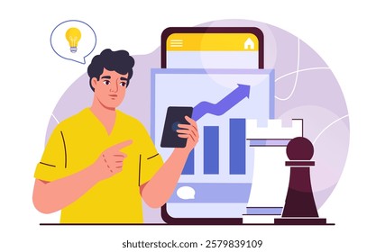 Business strategy concept. Man with smartphone near graphs and chess pieces. Strategy and planning. Entrepreneur and businessman with passive income. Flat vector illustration