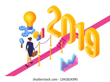 Business Strategy Concept. New Year. Path to New Year. Businesswoman with briefcase in hand walking on red carpet to the 2019 New Year. Creative Idea. Vector Illustration.