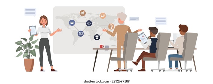 Business strategy concept. Office man and woman character vector design. Business people working in office planning, thinking and economic analysis on isolated white background.