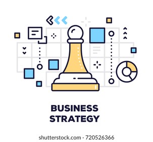 Business Strategy Concept On White Background With Title. Vector Illustration Of Chess Piece Pawn With Icons. Thin Line Art Design For Web, Site, Banner, Business Presentation