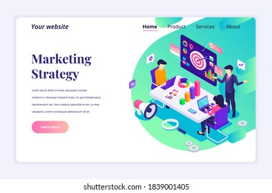 Business strategy concept with business people in meetings table. business planning, Marketing and target, consulting, financial and project management. Isometric Vector Illustration