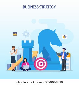 Business strategy concept, People are planning, team metaphor, Target achievement, Strategic and tactics chess pieces. Flat vector template style Suitable for Web Landing Pages.
