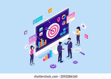 Business strategy concept with business people works near a giant computer with diagram data and graph charts. business planning and target, Marketing, financial reports. Isometric Vector Illustration