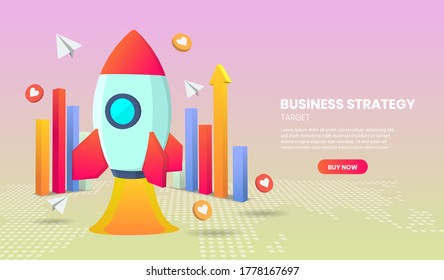 Business Strategy Konzept mit Rakete und Graphen Application Vector 3d Vektorgrafik.