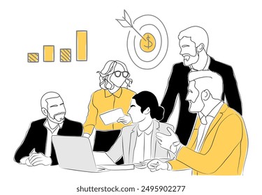 Business strategy concept scene vector outline illustration isolated on white background. Men, women, business team working together, taking part in business activities, meeting, discussing.