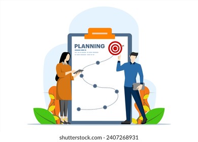 Business strategy concept, strategic planning for success. Achieve business strategy goals for winning, management or leadership. Strategic management ideas and problem solving. Vector illustration.