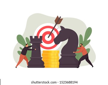 Business strategy concept. Target achievement. Investment. Two businessmen moving chess pieces. Business metaphor. Vector illustration isolated on white background.