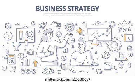 Business Strategy Concept. Team Members Set Goal And Plan Strategies In Collaboration. Doodle Vector Illustration