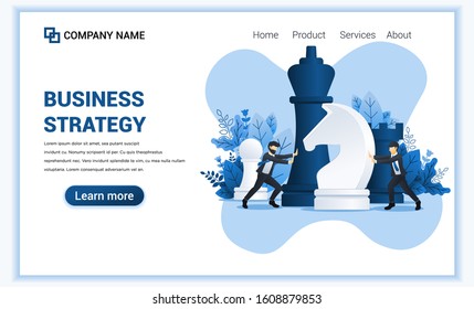 Business strategy concept with two businessmen moving giant chess pieces. Strategic planning and tactics in business. Flat vector illustration