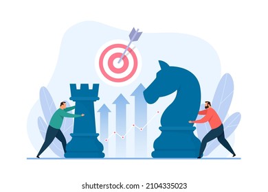 Business strategy concept. Two characters moving chess pieces. Vector illustration of business metaphor.