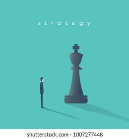 Business strategy concept vector with businessman and chess king piece. Symbol of competition, planning, game, motivation, ambition. Eps10 vector illustration.