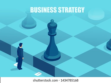 Business strategy concept. Vector of a businessman in front of a chessboard thinking of a next move 