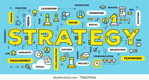 Business strategy concept. Vector creative illustration of strategy yellow word lettering typography with line icons and tag cloud on green background. Thin line art style design for business strategy