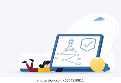 Business strategy concept. Women make management plans, strategy plan, tactical and improvement to achieve business success. Opportunity for competition and advancement. Flat vector illustration. 