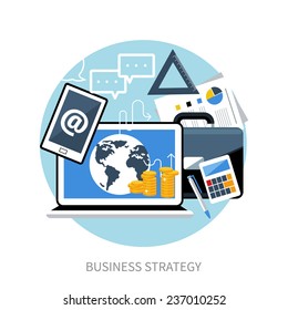 Business strategy concept. Concept of workplace with smartphone, laptop, briefcase and different office objects