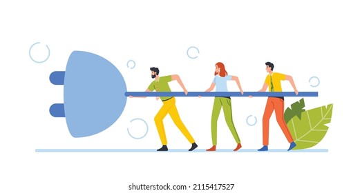 Business Strategy and Connection Concept. Tiny Businessmen and Businesswoman Hold Huge Plug to Connect. Characters Cooperation, Interaction. Collaboration, Teamwork. Cartoon People Vector Illustration