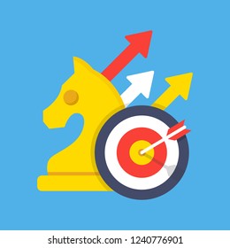 Business strategy, business consulting, target marketing concepts. Chess knight, target and arrows. Modern flat design. Vector illustration