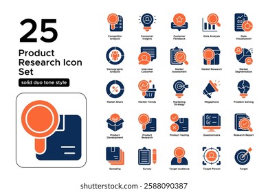 Business Strategy and Consumer Research. Product Demand, Growth Forecast, and Trends. Vector Illustration. Solid duo tone icon set