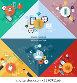 Business strategy corner concept set with brainstorming planning research and development symbols flat isolated vector illustration 
