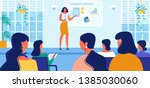 Business Strategy Courses for Women. Businesswoman Coach in Fashioned Dress Doing Presentation, Read Lecture or Seminar at Big Screen with Graphs for Female Audience. Cartoon Flat Vector Illustration.