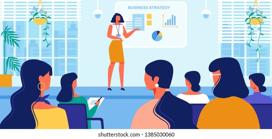 Business Strategy Courses for Women. Businesswoman Coach in Fashioned Dress Doing Presentation, Read Lecture or Seminar at Big Screen with Graphs for Female Audience. Cartoon Flat Vector Illustration.