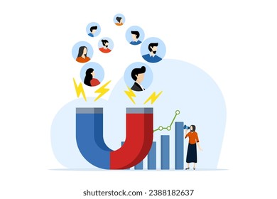 Business strategy and customer attraction concept. success in building an entrepreneurial team. customer attraction campaigns, accurate promos, advertising. sales generation. flat vector illustration.