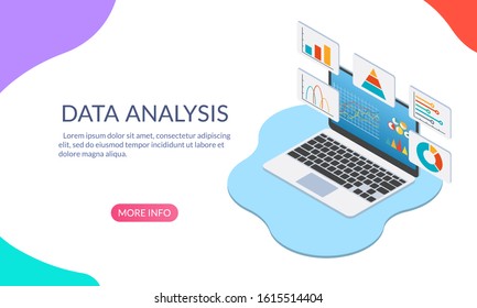 Business strategy and data analysis concept. Laptop or computer with graphs, chart and diagram. Isometric design. Technology, finance and research information for analytic. Vector illustration.