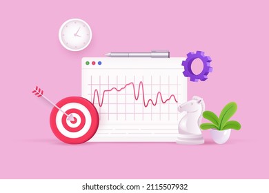 Business strategy and data analysis concept 3D illustration. Icon composition with graph, chess, aiming target, settings, clock. Success project development. Vector illustration for modern web design