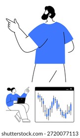 Estratégia de negócios, análise de dados, trabalho em equipe, previsão financeira, tendências de mercado, estratégia de tecnologia. Um homem apontando, uma mulher com um laptop e um gráfico do mercado de ações. Estratégia de negócios e dados