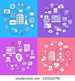 Business strategy, data security, online education, customer support line banners concepts. Flat line design. Line icons set, modern graphic elements. Vector illustration