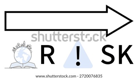 Business strategy, decision-making guidance, global issues, risk management, danger, and education. Bold arrow points ahead, a caution triangle highlights RSK and global elements convey awareness