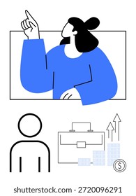 Business strategy, decision-making, professional development, financial growth, data analysis, workplace success. Woman pointing upwards with financial icons. Business strategy and decision-making