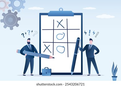 Business strategy, decisions and competition concept. Confident entrepreneur and smart businessman with pencils looking at Tic-tac-toe on clipboard. Business game. flat vector illustration